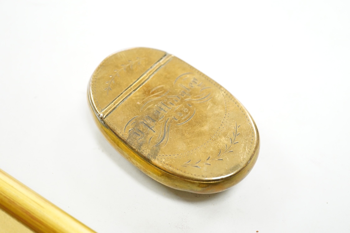 Sundry items and collectables to include a brass snuff box, dated 1881, a brass dog piercer? and a 19th century miniature watercolour portrait of a lady